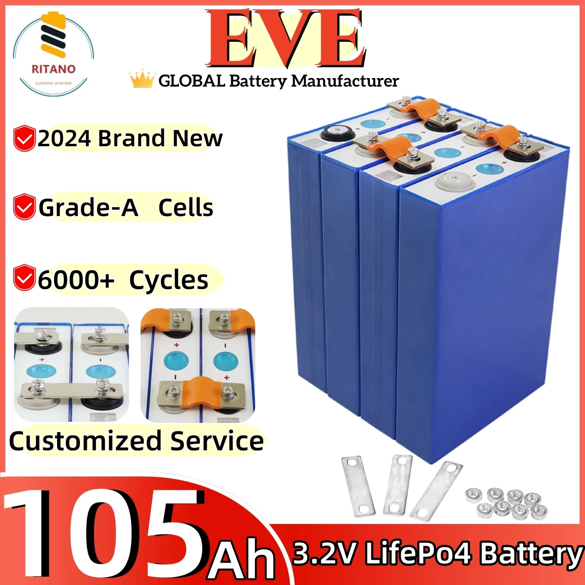 

EVE 3.2v Lifepo4 Battery Cell 105Ah 100ah 90ah Grade A lithium ion batteries For RV Power wall Solar Home Energy Storage System