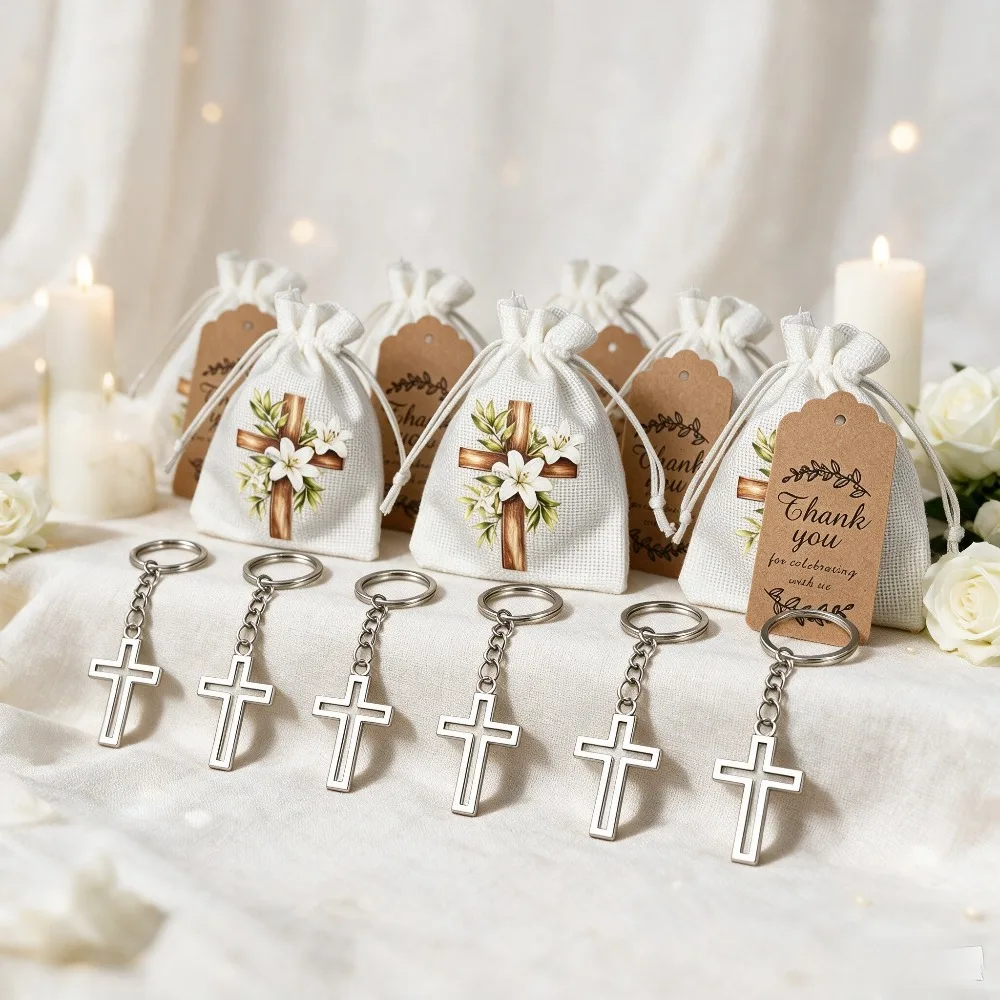 10‑30 Sets Cross Keychain Party Favors with White Lily Burlap Bags Tags Communion Wedding Religious Event Souvenir Gifts