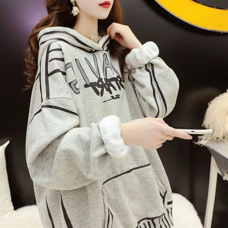 Women\'s Fashion Hoodies Autumn and Winter Midi Letter Printed Pockets Loose Streetwear Long Sleeve Pullover Casual Sweatshirts