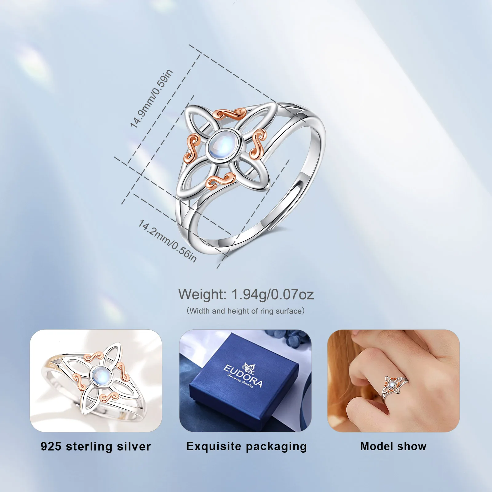 Eudora 925 Sterling Silver Witches Knot Adjustable Ring nudo de bruja Moonstone Ring Wicca pagan Jewelry Witch Gift for Women