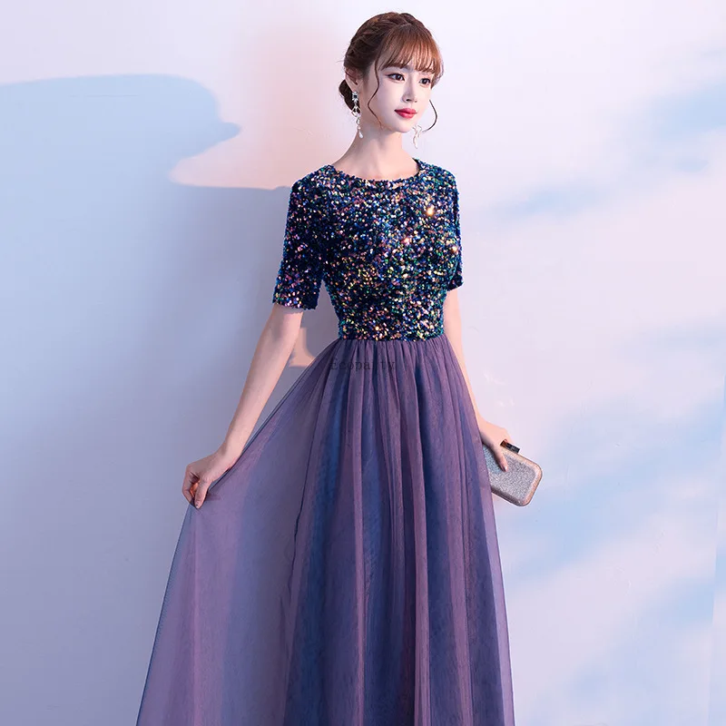

Luxury Sequin O-Neck Evening Dress Women Elegant Tulle Party Maxi Dress short Sleeves Prom Floor Length Graduation Cocktail Gown