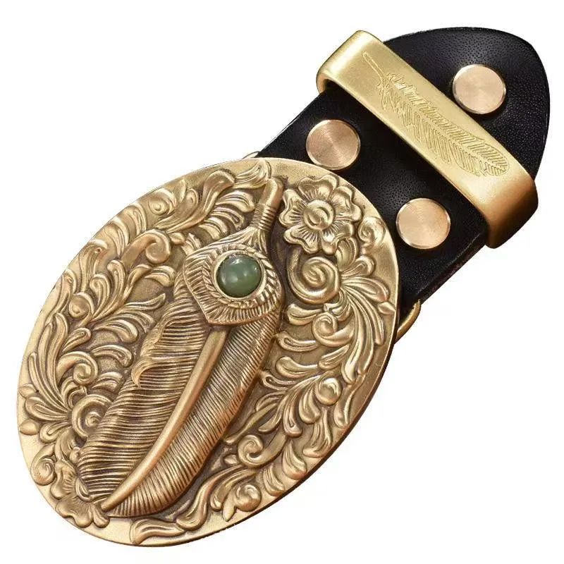 2025 Fibbia per cintura in pura pelle di rame, fibbia per cintura liscia, fibbia per cintura intarsiata in pietra di alta qualità, vari stili