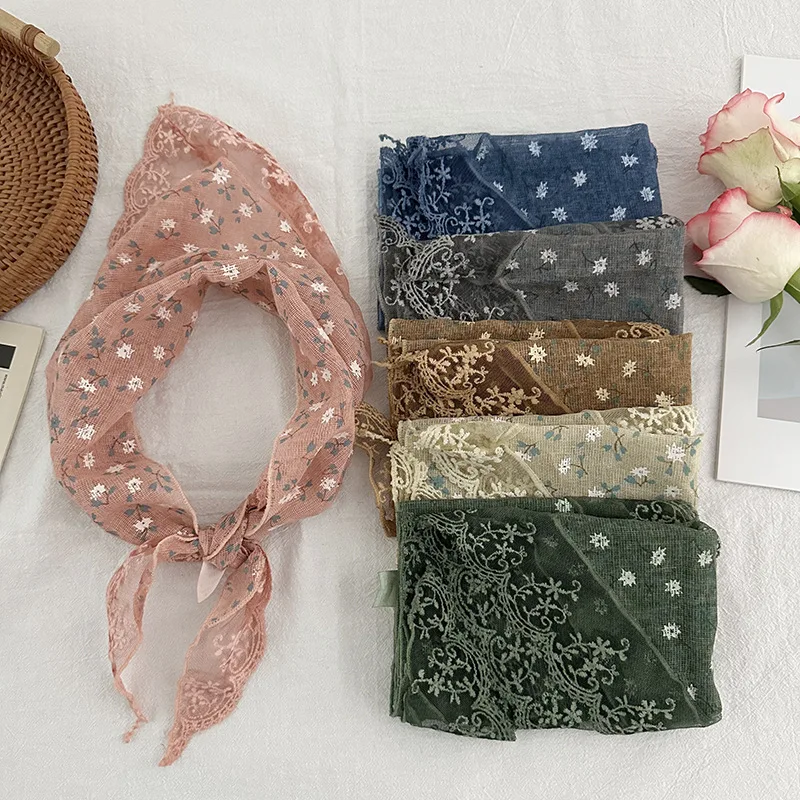 

Linen Silk Scarf Lace Edge New Spring and Summer Neck Clothing with Triangle Korean Fresh Bag Head Hair Accessories Headscarf