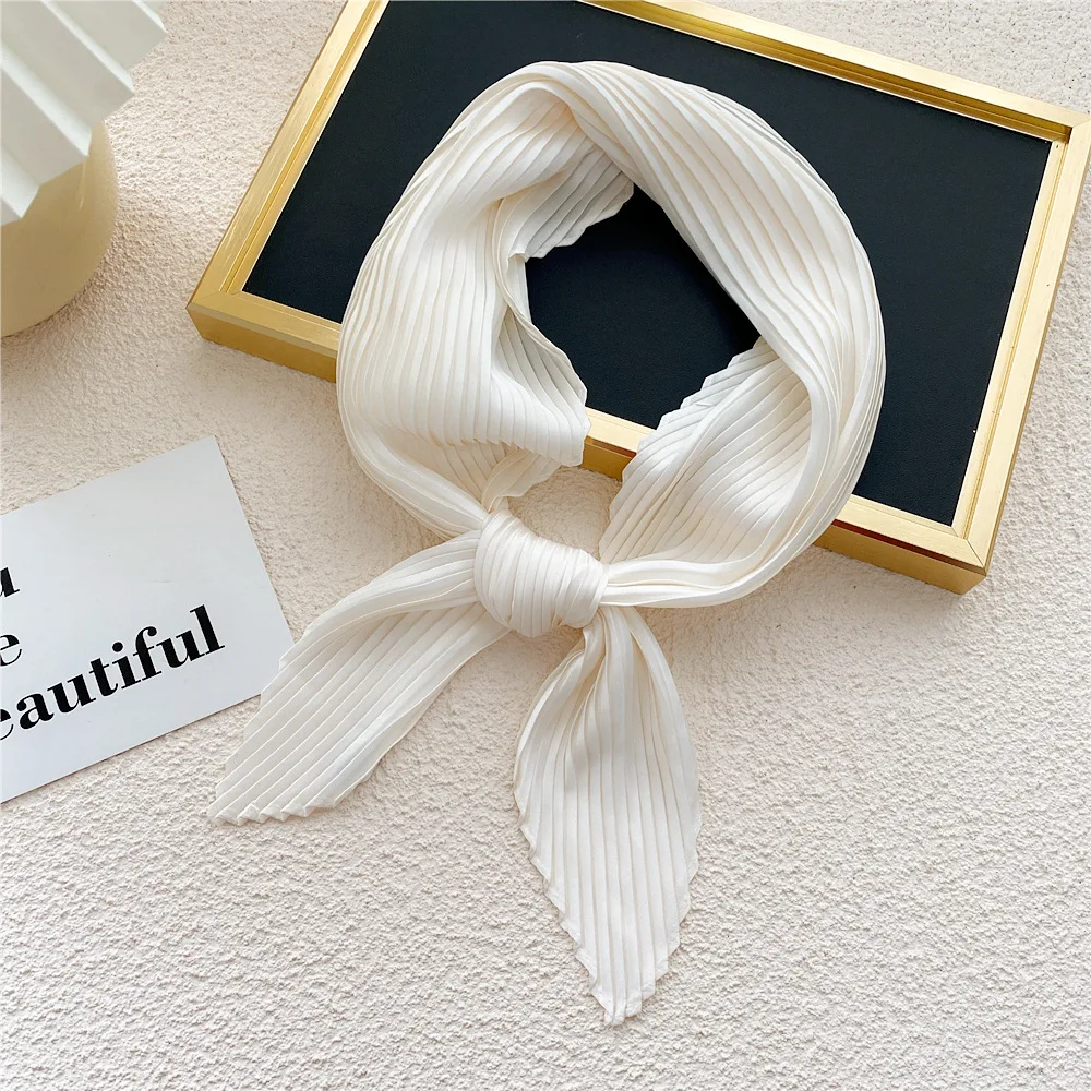 Luury Brand Silk Pleated Square Scarf Women Satin Neck Hair Tie Band Soft neckerchife Office Hijab Headband Female Foulard