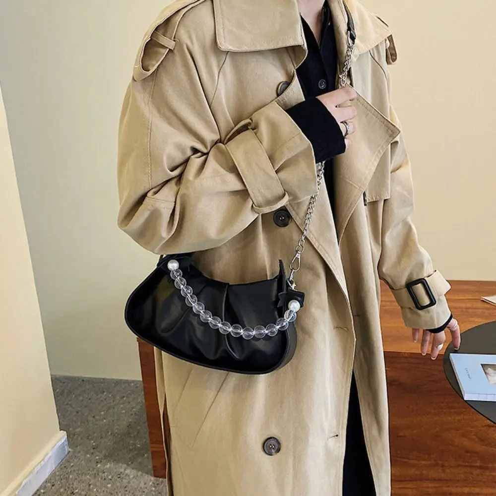 

Sweet Pleated Bow Shoulder Bag Large Capacity Bead PU Leather Handbag Korean Style Solid Color Chain Underarm Bag Girls