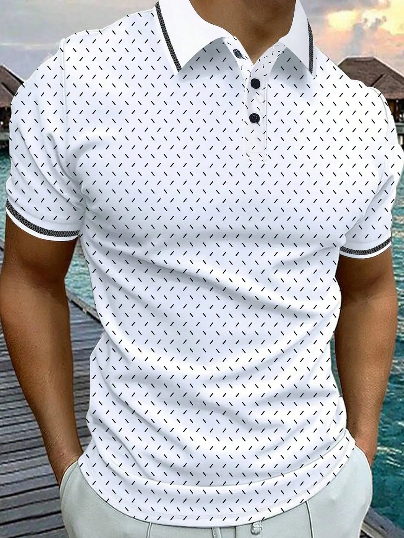 

Men's White Short Sleeve Polo Shirt with Geometric Print and Contrast Trim