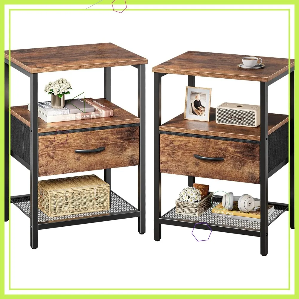 

Set of 2 Nightstands with Fabric Drawer, Mesh Shelf, and Metal Frame for Bedroom Storage in Rustic Brown