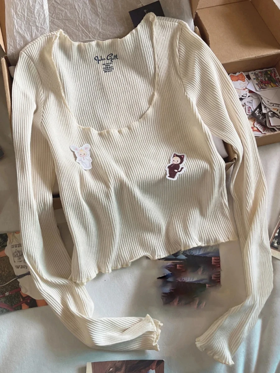 

Простые ребристые бежевые хлопковые футболки с длинными рукавами, женские тонкие сексуальные уличные топы с круглым вырезом, милые милые укороченные топы в стиле Харадзюку Y2K