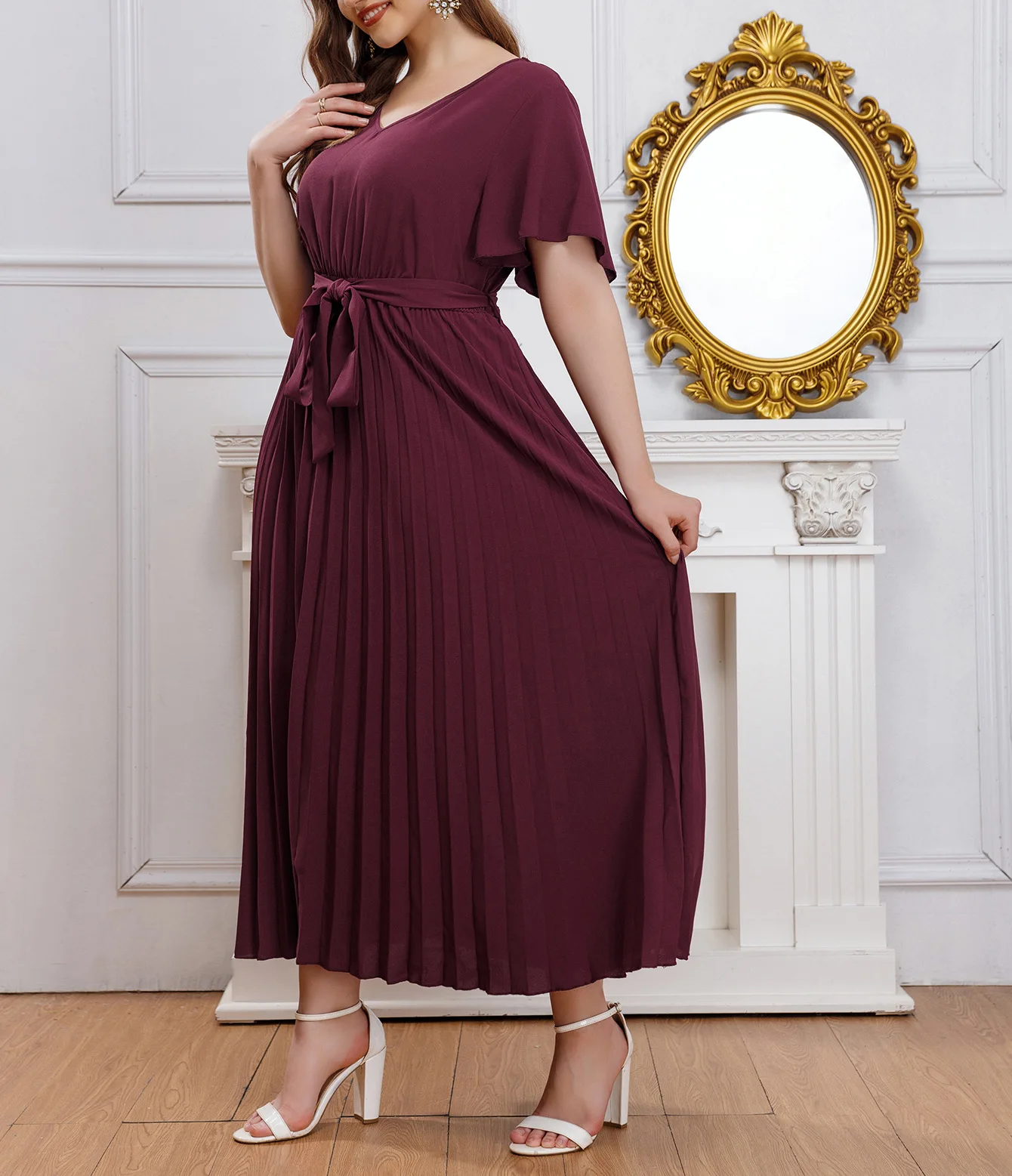 Elegant V-neck Short Sleeves Pleated Chiffon Long Dress with Belt