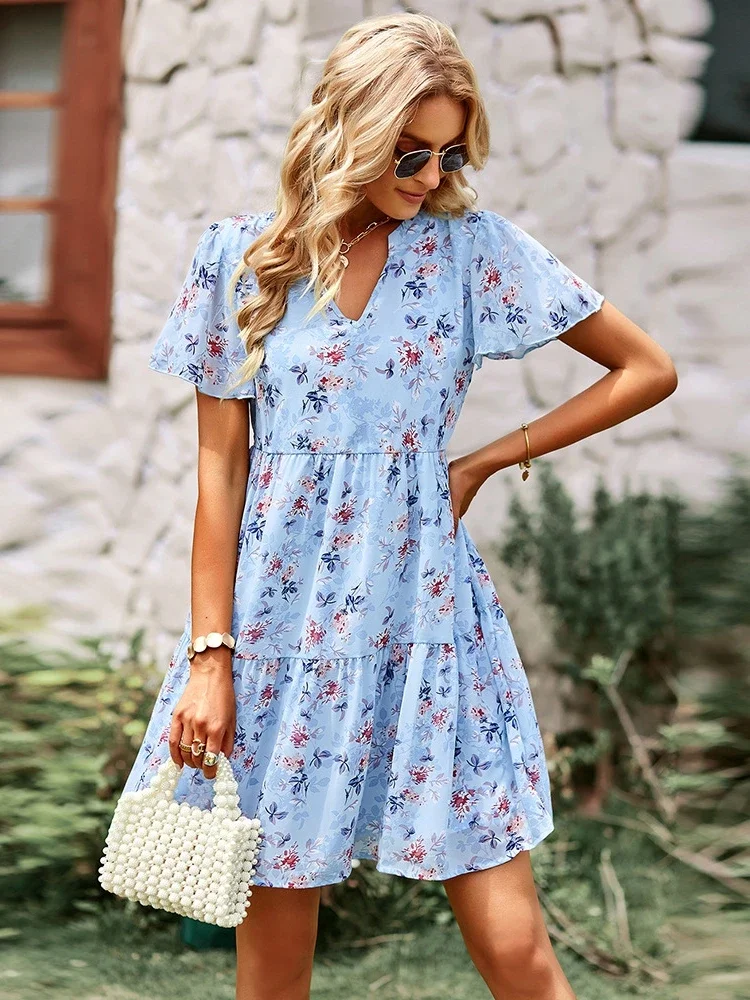 

2024 Spring Summer New Fashion Women V Neck Dresses Short Sleeve Loose Chic Floral Printed Dress