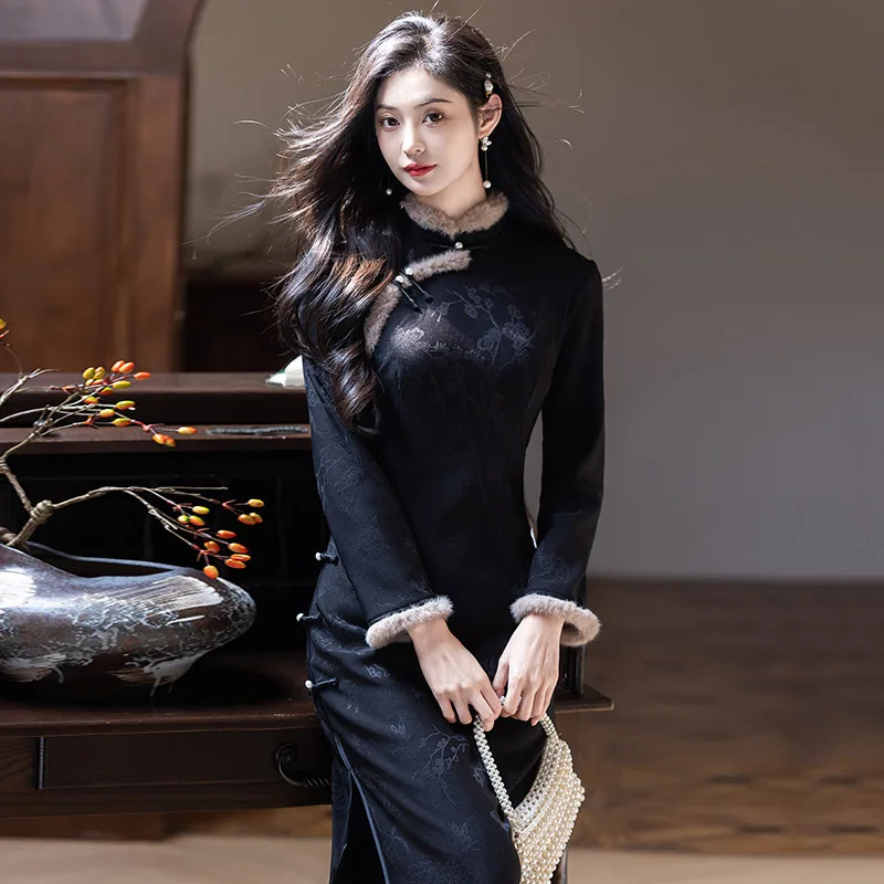 

Black Jacquard Fleece-Lined Chinese Qipao Dress Cheongsam Autumn Winter Women's Dress Oriental Style Traditional Clothing