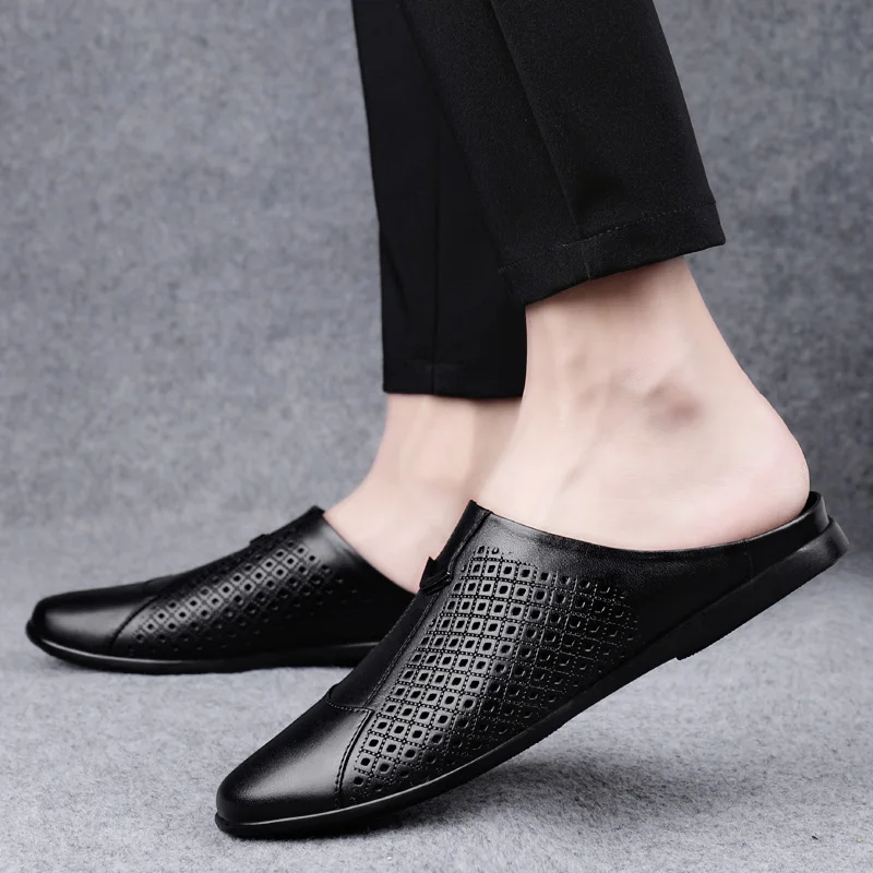 

2023 Spring New Men Slippers Genuine Leather Loafers Men Half Drag Moccasins Casual Non-slip Shoes Summer Mullers Shoes for Men