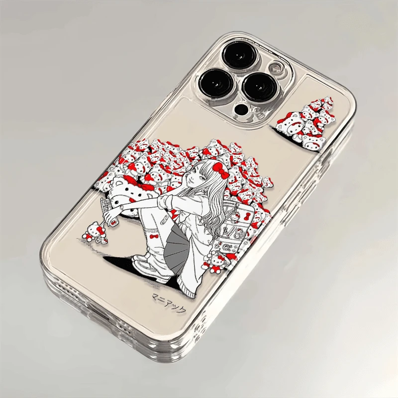 Miniso Cute Hello Kitty IPhone Case Kawaii Anime Junji Ito Tomie Transparent IPhone15 14pro 13 12 All Inclusive Cases Girl Gifts