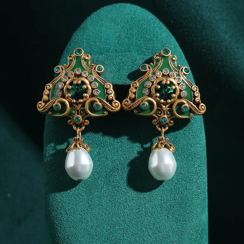 

Vintage Pearl Drop Earrings Green Stone Dangle Wedding Luxury Retro Antique Jewelry for Woman Gold Color Bride Accessories New