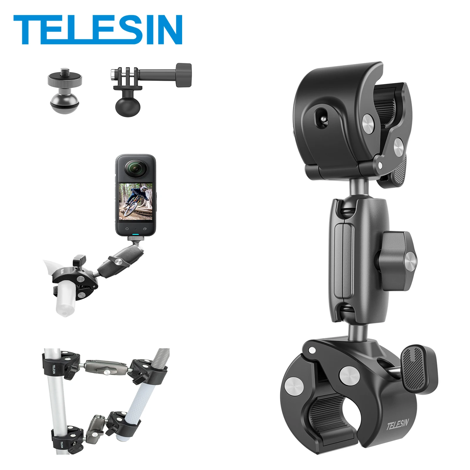 TELESIN Motorcycle Bicycle Camera Holder Invisible Selfie Stick Handlebar Mount for Insta360 RS X2 X3 GoPro 12 11 10  Accessory