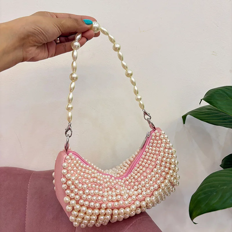 

Женская сумка с жемчугом, тканая полукруглая женская сумка ручной работы, высококачественные сумки для банкета и вечеринок