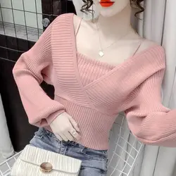 Women Clothing Korean Fashion Sexy V Neck Lace-up Bow Sweet Knitted Sweater Elegant V Neck Long Sleeve Slim Sling Pullover Tops