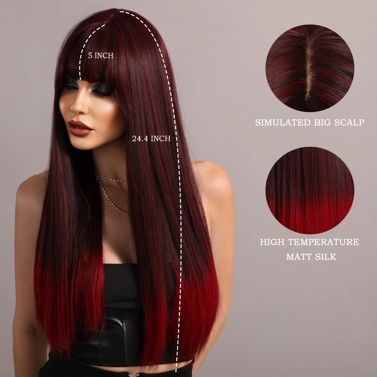 7JHH WIGS Long Straight Wigs with Bang Ombre Dark Red Black Synthetic Hair Wig for Women Daily Cosplay Party Heat Resistant Hair