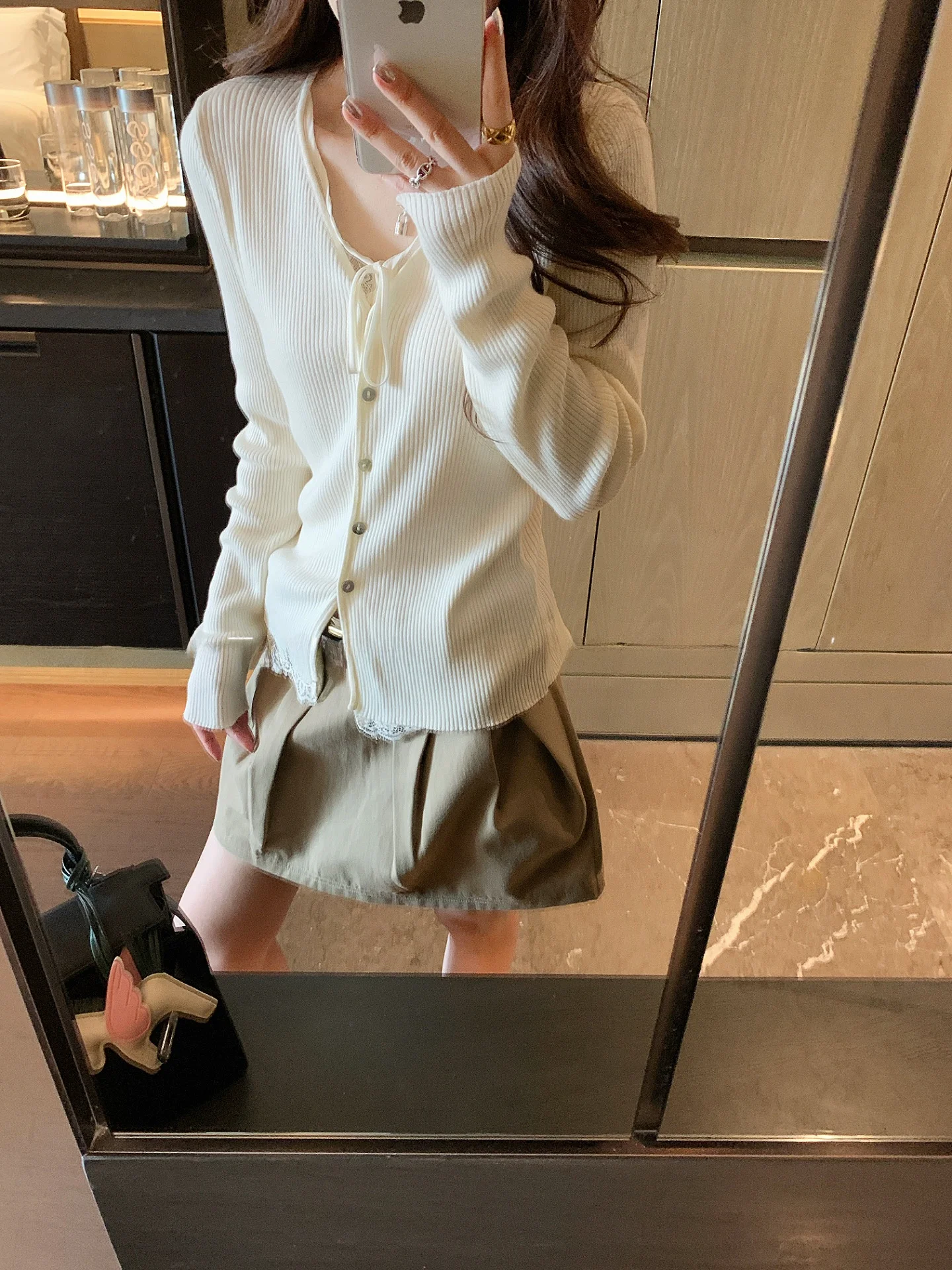 

Ele Lace Splicing Wool Knitted V-ne Top Sli French Sle Long Sve Women's Cardigan Spring Summer New Arrival