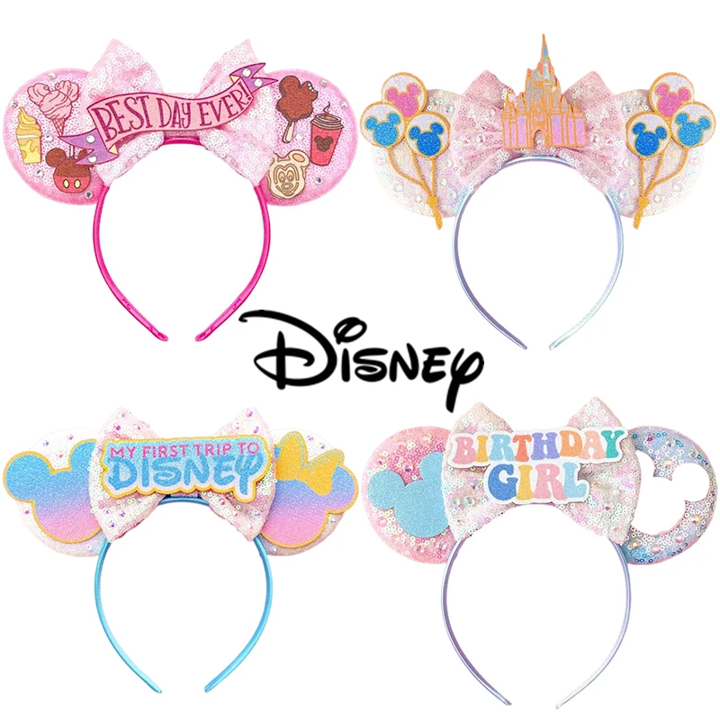 Disney Birthday Girls Mickey Mouse Ears Headbands for Women Party Hair Accessories Minnie Mouse Sequins Bows Hairband Kids Gifts