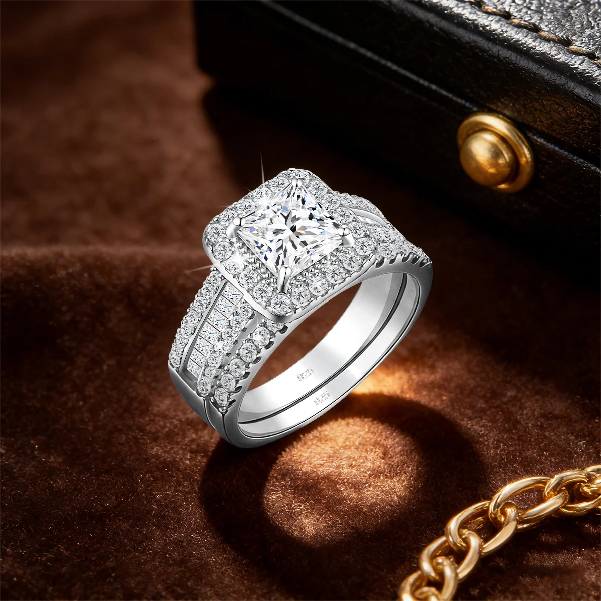2-teiliges 925er Silber Hochzeitsring-Set für Frauen, Prinzessinnenschliff, weißer Moissanit, Halo-Verlobungsring, Vintage-Luxusschmuck – Detail 3