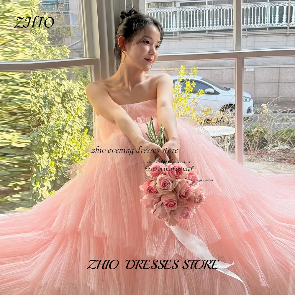 فستان ZHIO ذو طبقات وردية حالمة من التول لحفلات الزفاف الكورية بدون أكمام مشد مخصص بطول الأرض فساتين زفاف رومانسية للحديقة
