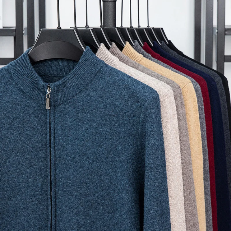 

Men'S Wool Sweater Thickened Men'S Half Turtleneck Knitted Sweater Zipper Cardigan Solid Color Full Wool Sweater Men
