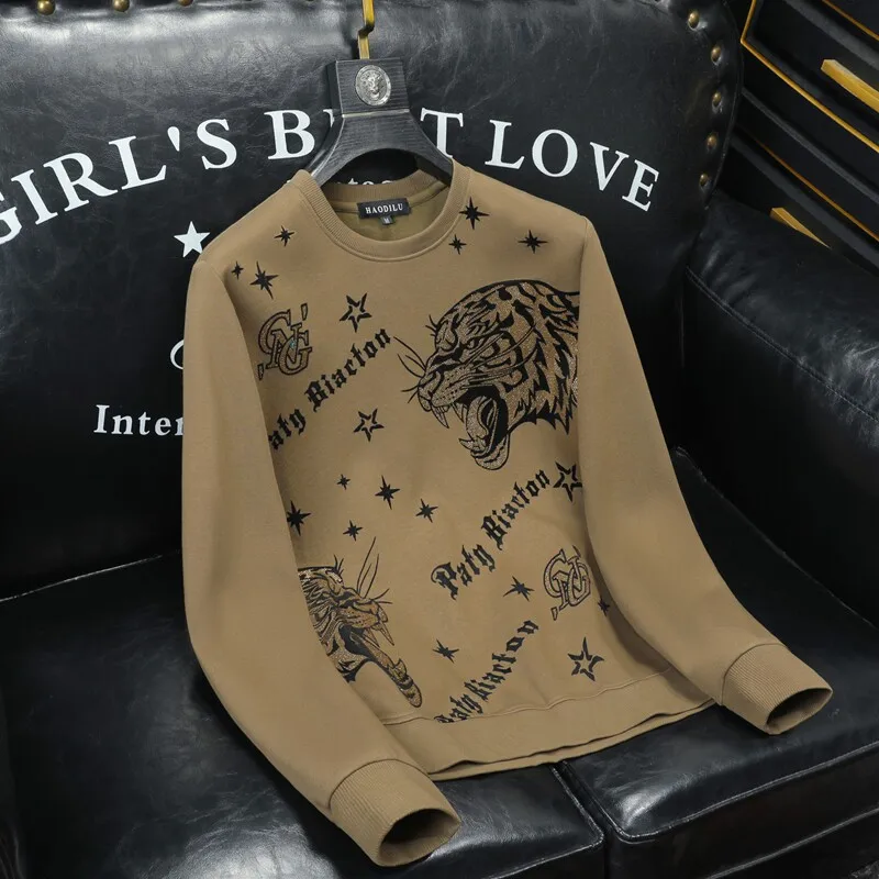 

Casual Long Sve Hoodie Men's Slim Fit round Ne Trendy Tiger Head Print Faionable Streetwear Cotton Polyester Blend