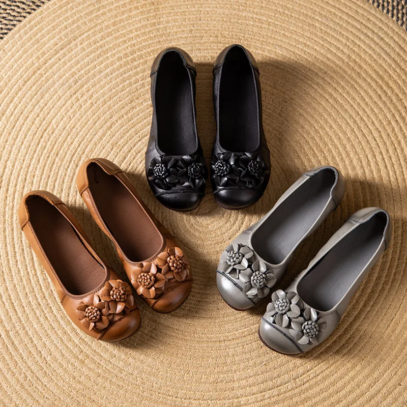 2024 New Autumn Retro Mom Flats Floral Loafers Leather Ballet Flats Woman Non Slip Moccasins Ethnic Style Women\'s For Shoes