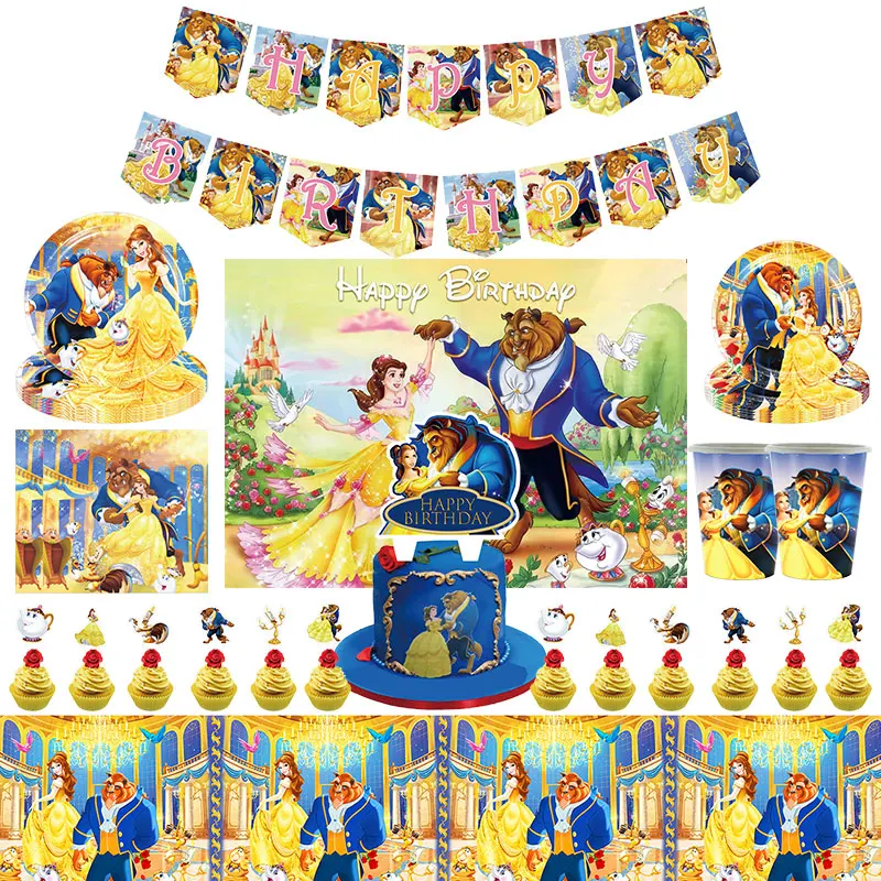 Beauty And Beast Birthday Decorations Belle Princess Birthday Party Supplies Balloon Backdrop Banner Tableware Set Plates Cups