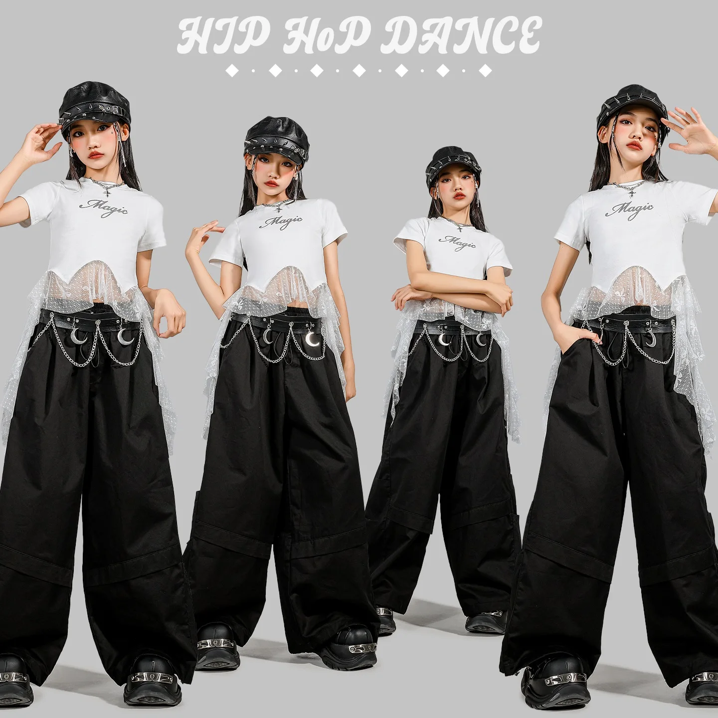 Kpop الفتيات الهيب هوب الجاز ملابس الرقص الأبيض الدانتيل السرة القمم السراويل السوداء الصيف الشارع الملابس المنصة الحفل المرحلة ارتداء L16498