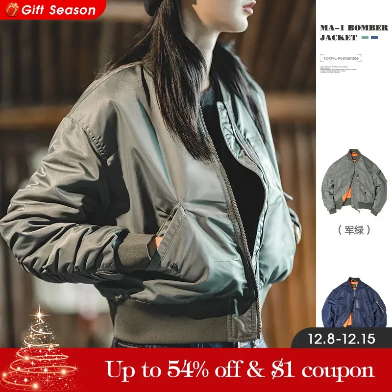 Maden Autumn and Winter MA-1 Bomber Jackets for Women Short Thickened Windproof Coats Casual Workwear Blue Baseball Jersey Tops