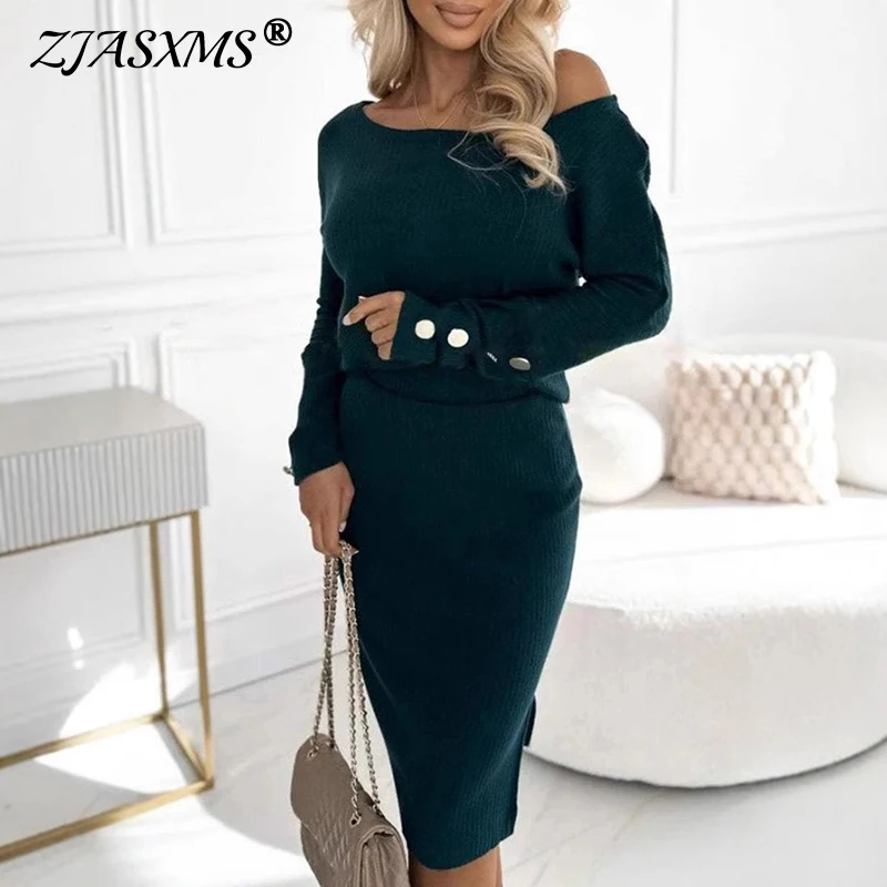 Damen Elegant Solid Rib Pendleranzug Frühling Rundhals Top Pullover und schmale Röcke Outfits Winter Langarm Knopf Damen Set