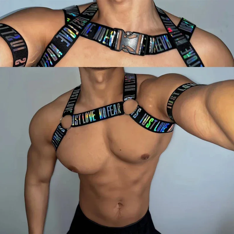 

Мужская одежда для танцев на пилоне, сексуальный светоотражающий нагрудный ремень, плечевой ремень, мужские ремни для тела, бар DJ DS, клубная одежда, сценический наряд XS7373
