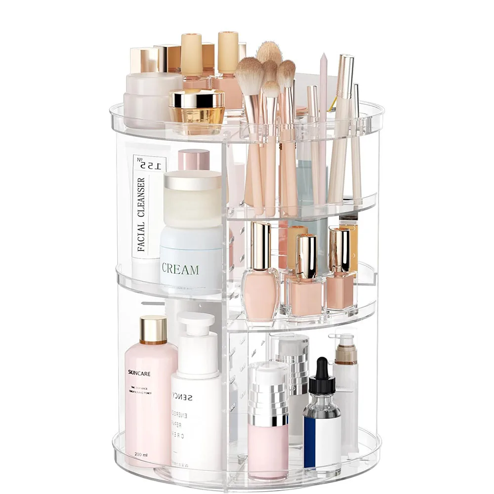 Organizador de Maquillaje Giratorio, Organizador de Productos para el Cuidado de la Piel con Capas Ajustables, Exhibidor de Cosméticos con Soporte para Brochas y Bandeja para Perfumes