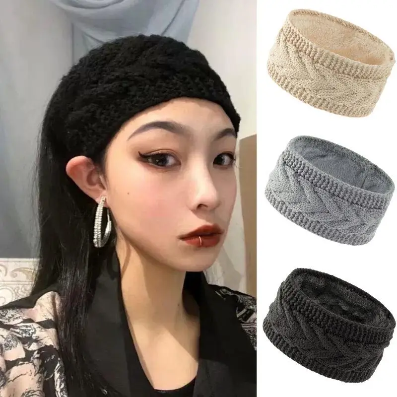 

New Twist Knitted Headband For Women Fuzzy Fleece Lined Turban Head Wrap DIY Plush Wool Knitting Hairbands Thermal Head Cover
