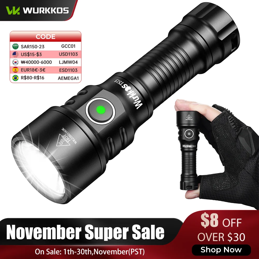Wurkkos TS15 Mini Torch 900LM Rechargeable LED Flashlight 14500/AA Portable Work Light IP68 Waterproof Magnetic Lamp for Hiking
