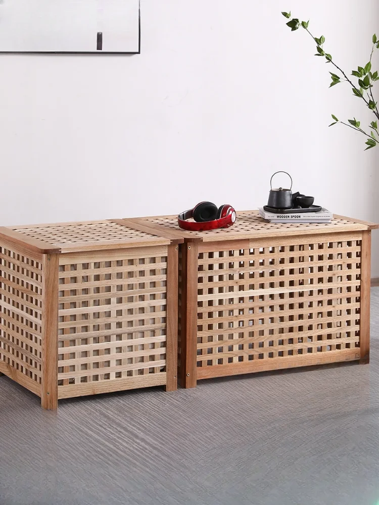 Solid wood box covered storage finishing can sit storage grid stool laundry basket