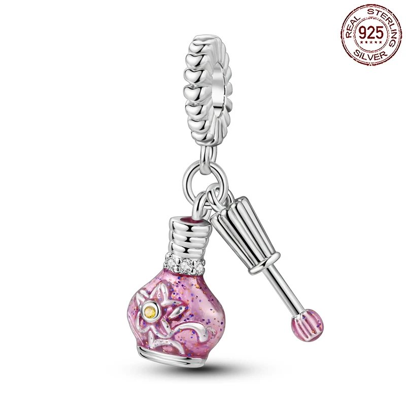 ﻿925 Sterling Silver Flower Nail Polish Pink Pendant Charm Fit Original Pandora Charms Bracelets Women DIY Jewelry Gift