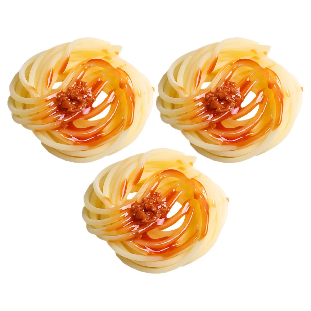 3 modèles réalistes de spaghetti, nouilles de simulation avec sauce tomate et viande pour présentation en restaurant, séance photo, décoration de bureau