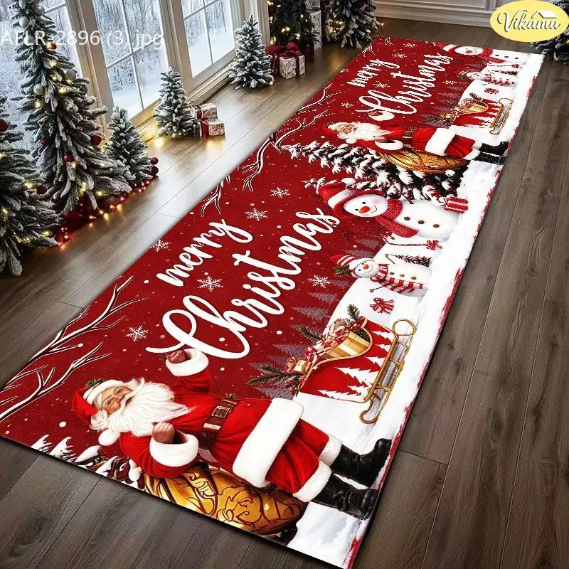 VIKAMA Red Santa Snowman Sleigh Velvet Hallway Runner Non Slip Floor Mat for Holiday Soft Cozy Aesthetic Decorative Home Decor