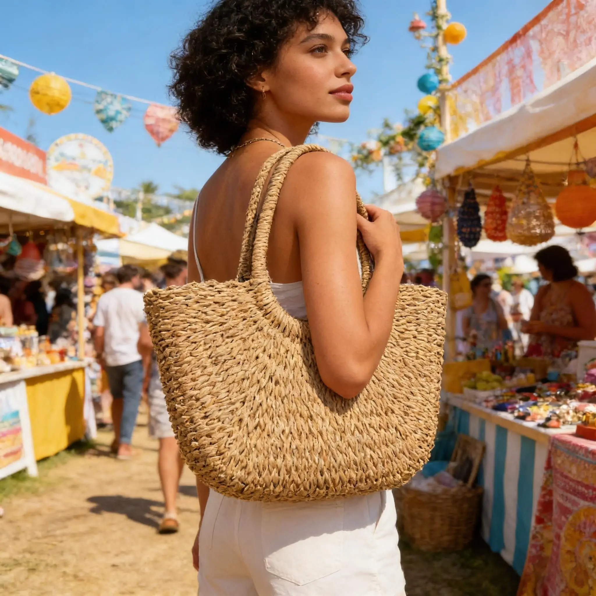 Retro Large Size Straw Woven Handbag Women's Beach Vacation round Bean Bag Handbag Women's luxury handbags