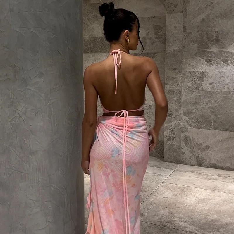 DriftWear Sexy Sheer Lace Backless Dress with Sash Tie High Slit Deep V Hanging Neck Open Back Evening Party Bodycon Long Dress
