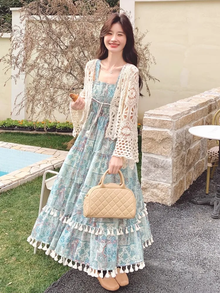 

Retro Vaion Sle Flowing Tassel Long Skirt Two-Piece Set Hollow out Cardigan Ele Classy Summer Faion Women's Ensemble