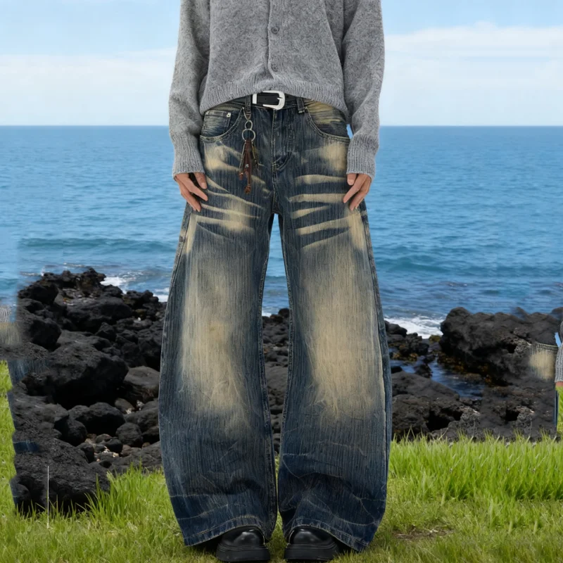 ضوء غسل جينز رجالي غير رسمي متعدد الاستخدامات مستقيم الساق فضفاضة تناسب واسعة الساق سراويل تقليدية لجميع المواسم الذكور السراويل العصرية #4