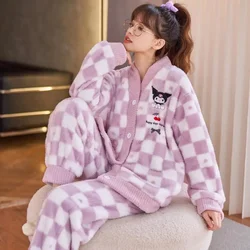 Sanrioed Cartoon Kuromi Cinnamoroll 2Pcs Plush Pajamas Suit Kawaii My Melody Winter Women V-Neck Homewear Cartoon Thicken Sweet