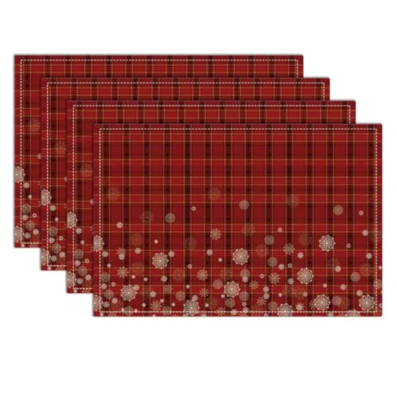 Classic Red Yellow Plaid Border With Golden Sparkling Snowflakes Linen Placemat For Christmas Dinner Table Home Decoration