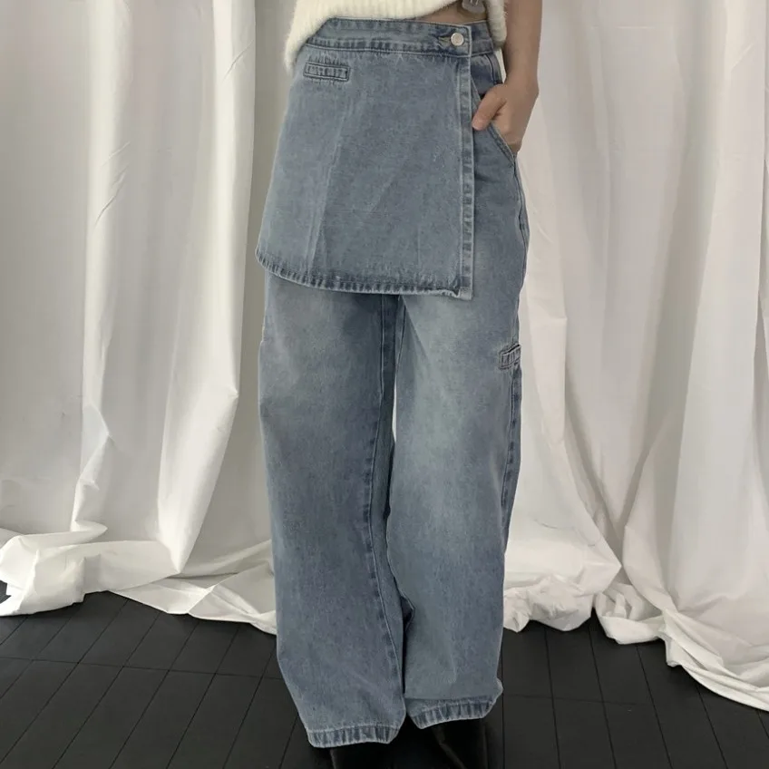 Korean Style High Waist Fake Two-Piece Denim Pants Women's Autumn Long Pants Floor-Length Wide Leg Apron Splicing Design