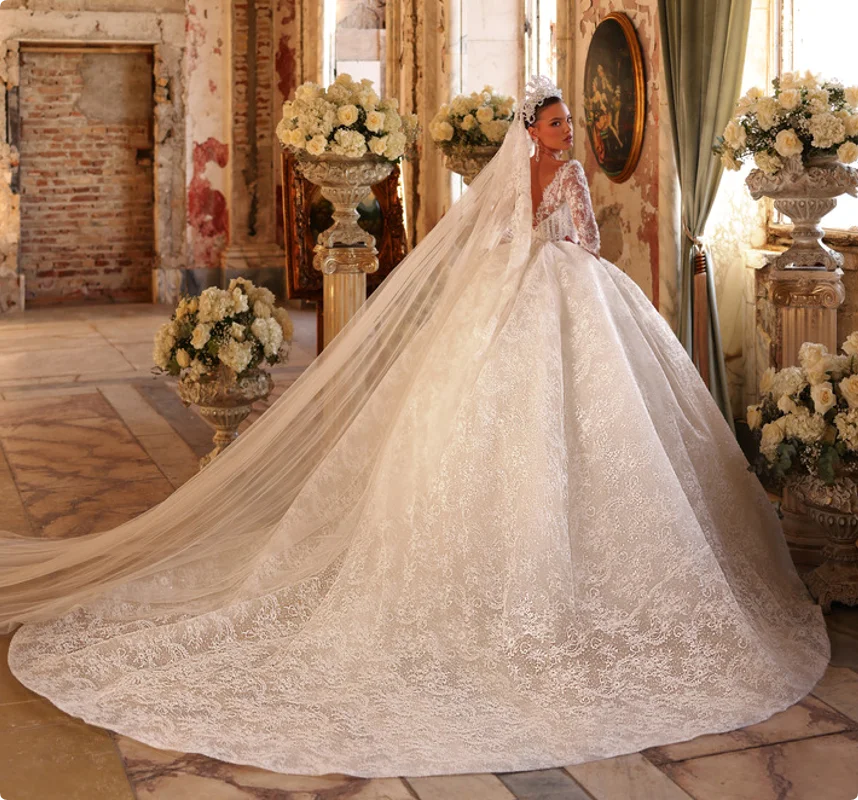 Glitter Lace Wedding Dresses Princess Long Sleeves V Neck Formal Bridal Gowns Church Vestido De Noche 2026 Customized