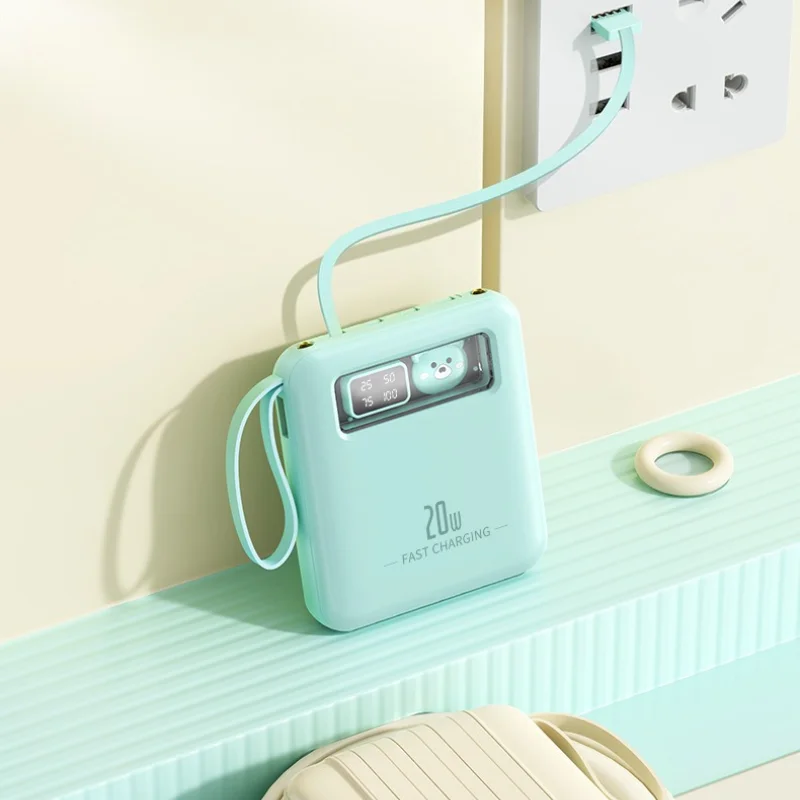 بنك طاقة بتصميم كرتوني صغير - سعة كبيرة معتمدة من CCC بقدرة 20000 مللي أمبير في الساعة مع كابل مدمج لهواتف iPhone وXiaomi وSamsung